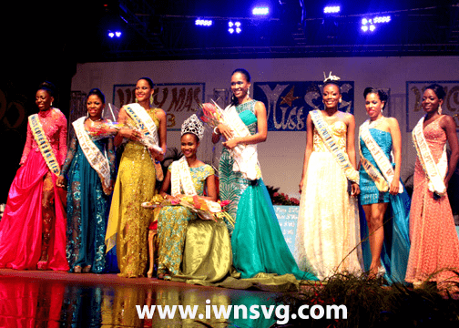 Miss SVG 2013, Shara George, and the seven other contestant after the crowning at Victoria Park.