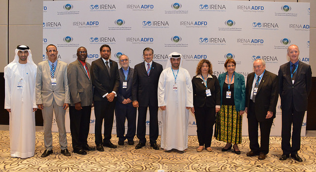 High-level representatives from IRENA, ADFD, the UAE Ministry of Foreign Affairs and the five countries awarded funding. (Photo: IRENA)